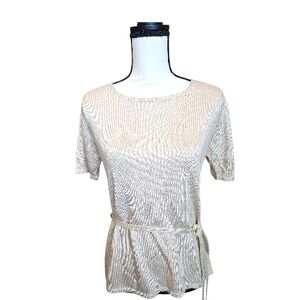 Sag Harbor Petite Cream Short-Sleeve Knit Top with Waist Tie